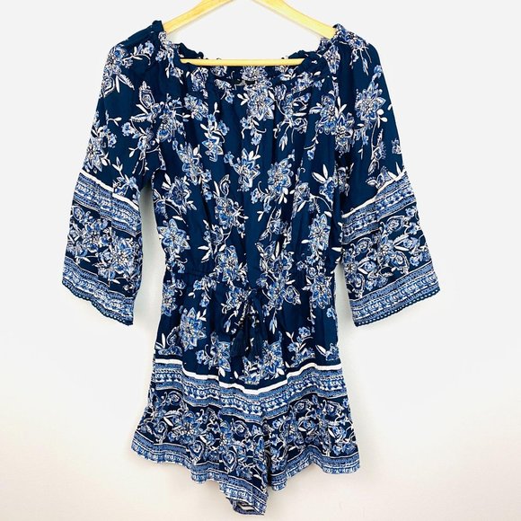 ANGIE Navy Floral Romper with Bell Sleeves